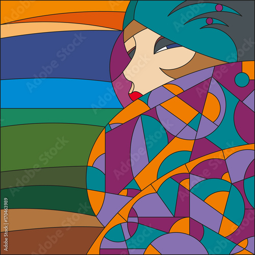 Fashionable woman pattern. Flapper. Art deco vector colored geometric pattern. Art deco stained glass pattern.