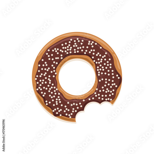 Vector icon of bitten glazed dark chocolate donut with white chocolate sprinkles