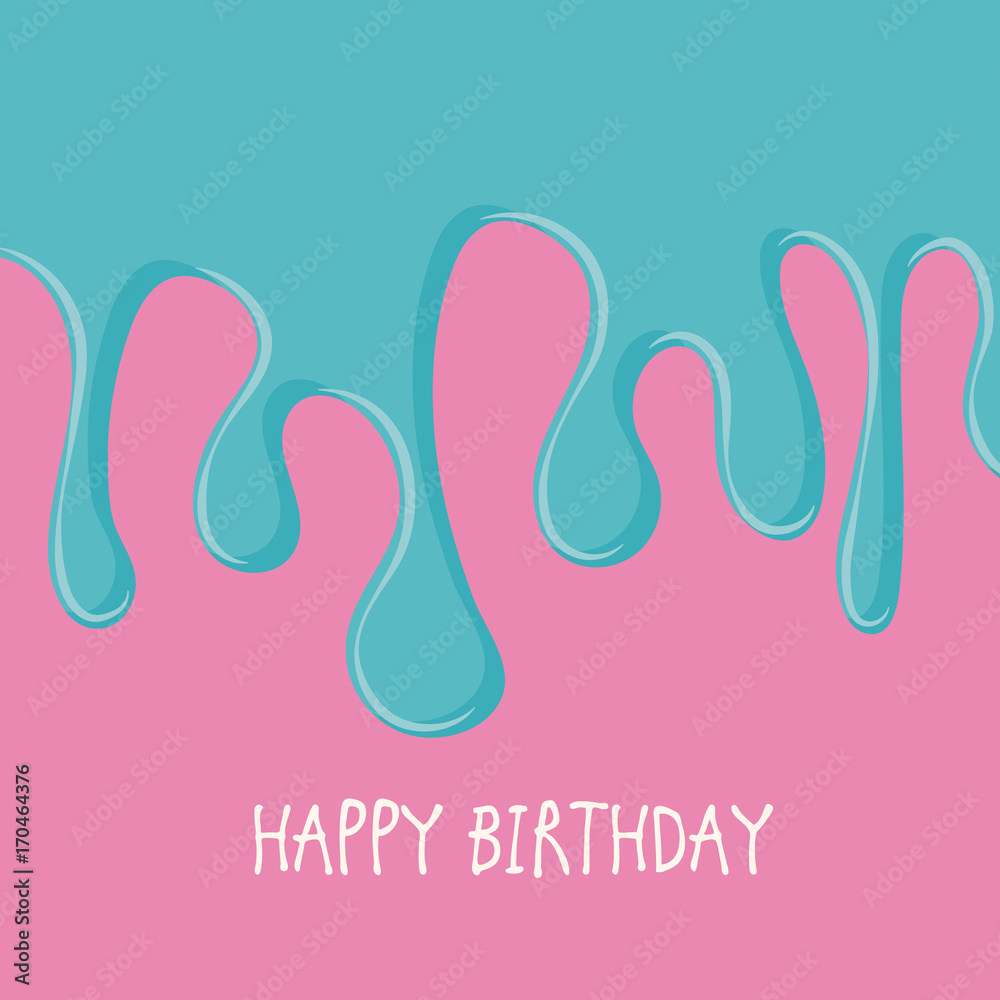 Happy Birthday greeting card with blue cream melted on pink background Happy Birthday greeting card with blue cream melted on pink background