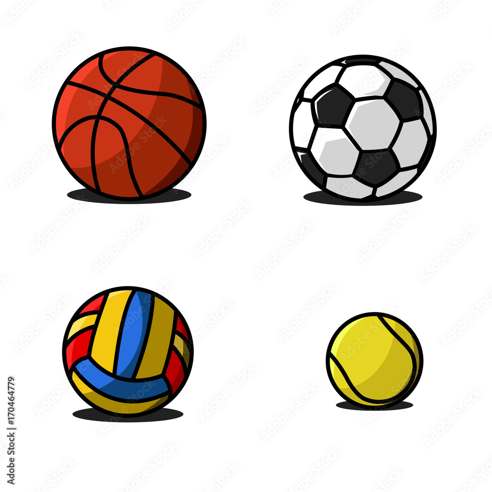Set sport balls fun colorful vector of icons. Collection soccer, volleyball, basketball, football, tennis group play equipment in cartoon style. Design element template