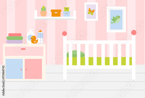 Nursery room interior. Apartment in pink colors and white furniture. Baby girl bedroom design with bed, shelves, toys. Vector illustration.