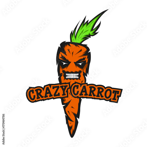 Crazy carrot is a youth emblem for the design of T-shirts print, emotions of an evil vegetable for a cartoon sticker with slogan text.