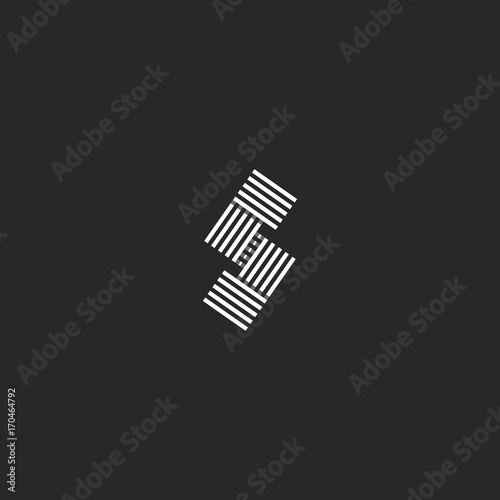 Letter S logo monogram parallel black and white striped overlapping lines linear design element. Creative idea initial for business card emblem minimalism style.