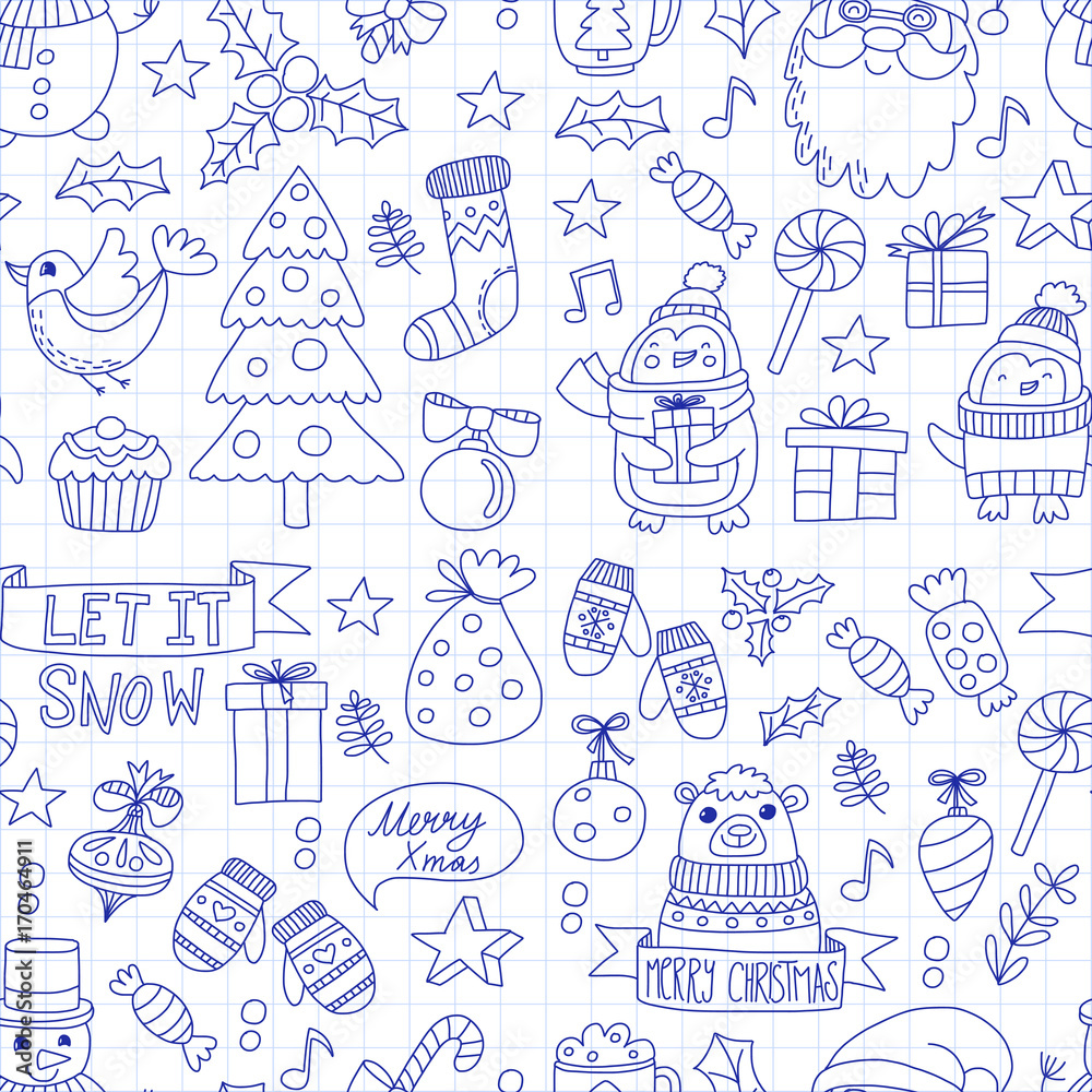 Christmas Xmas New year Vector doodle set of icons with Santa Claus, penguin, snowman, bear, presents, christmas decoration Seamless pattern