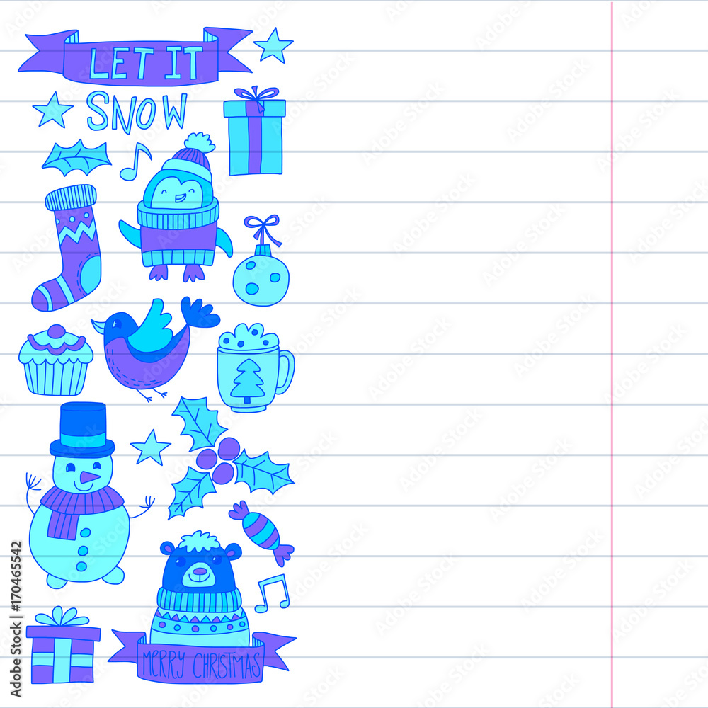 Christmas Xmas New year Vector doodle set of icons with Santa Claus, penguin, snowman, bear, presents, christmas decoration Christmas Xmas New year Vector doodle set of icons with Santa Claus, penguin, snowman, bear, presents, christmas decoration