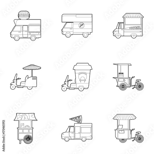 Different food truck icons set, outline style