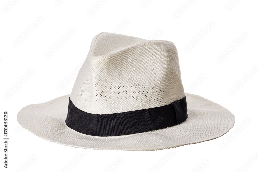 Man hat with black ribbon isolated on white background Man hat with black ribbon isolated on white background