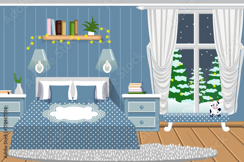 The interior of the bedroom. Nice room, the furniture in the peas. Winter evening. Cartoon. Vector.