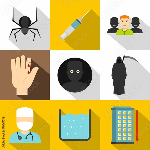Fears and phobias icon set, flat style
