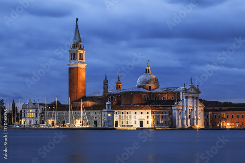 A view of the Cathedral of San Giorgio Maggiore from San Marco square at night, Venice, Italy