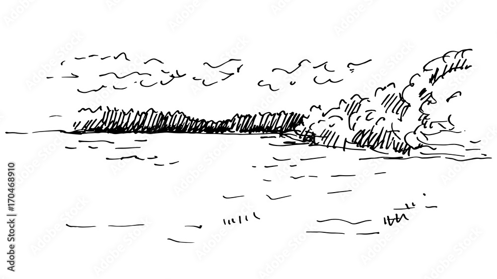 Hand drawn landscape with lake and forest. Sketch, vector illustration.