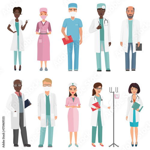 Doctors, nurses and medical staff. Medical team concept in cartoon flat design people character.