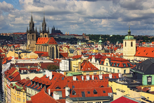 Wallpaper Mural Amazing view of the center of Prague from the Powder Tower. In the foreground there are towers of Church of Our Lady before Tyn. On the horizon is visible Prague Castle with St. Vitus Cathedral Torontodigital.ca