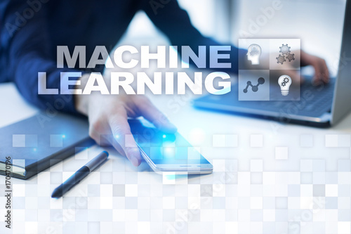 Machine Learning. Text and icons on virtual screen. Business, internet and technology concept.