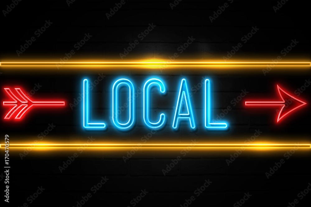 Local - fluorescent Neon Sign on brickwall Front view Local - fluorescent Neon Sign on brickwall Front view