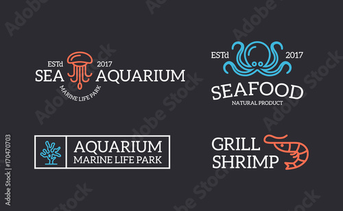 Set of retro vintage jellyfish and seafood, shrimp, coral, octopus logo or insignia, emblems, labels and badges and other branding objects. Vector line style