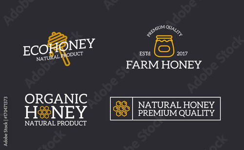 Set of retro vintage honey and bee, honeycomb, dipper logo or insignia, emblems, labels and badges and other branding objects. Vector line style