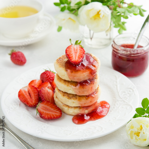 cottage cheese pancakes with fresh strawberry for breakfast