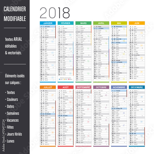 Calendrier 2018 modifiable (éléments isolés sur calques, textes en ARIAL éditables et vectorisés)