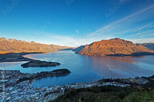Beautiful view of lake Wakatipu and Queenstown in South Island, New Zealand.