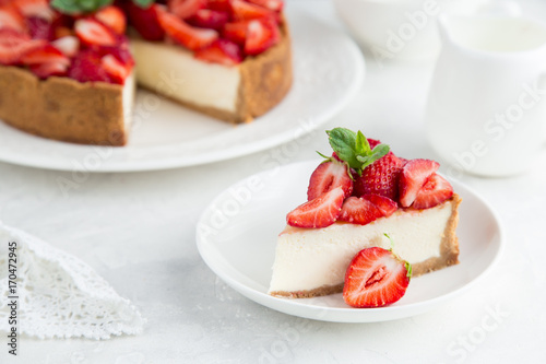 slice of strawberry cheesecake on white background photo