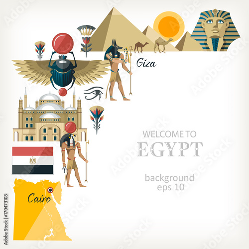 Egypt background with traditional symbols of country architecture gods ra anubis pyramids scarab