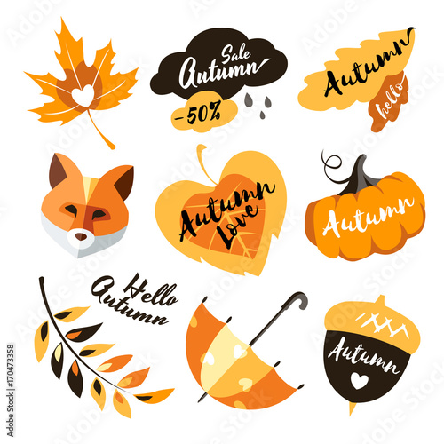love autumn label sticker collection set traditional objects leaf heart clouds pumpkin fox umbrella 