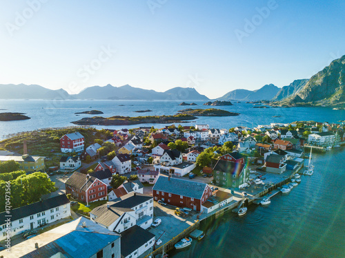 Henningsvaer village. Aerial view. Norway.