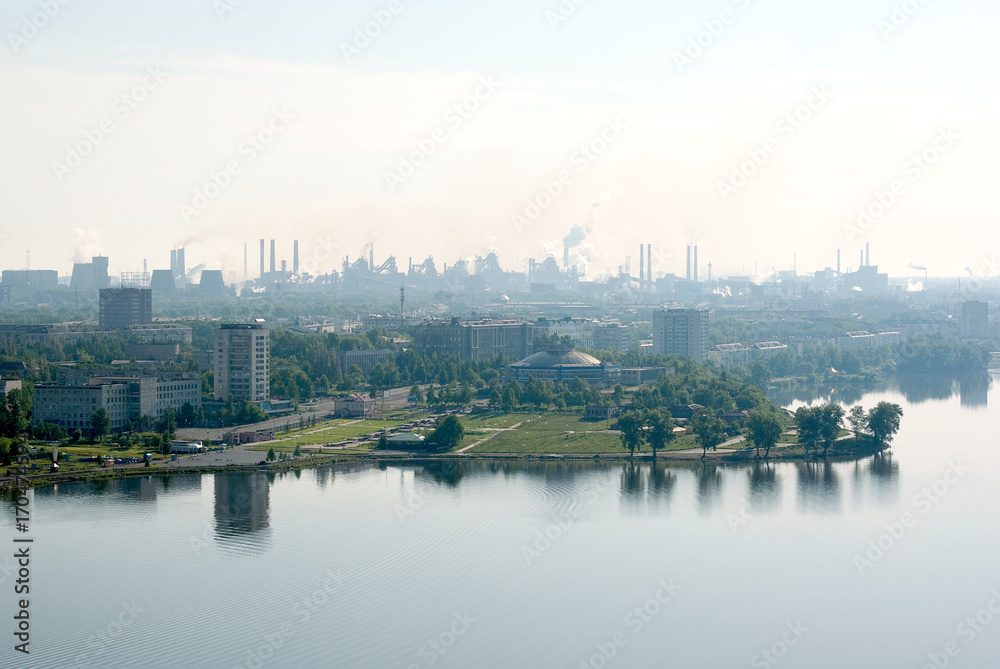 View of the center area of the city and Nizhny Tagil pond from the Fox mountain, Nizhny Tagil, Sverdlovsk region, Russian Federation