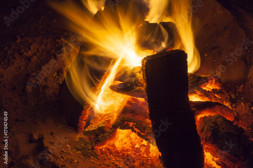 Hot fireplace full of wood and fire burning