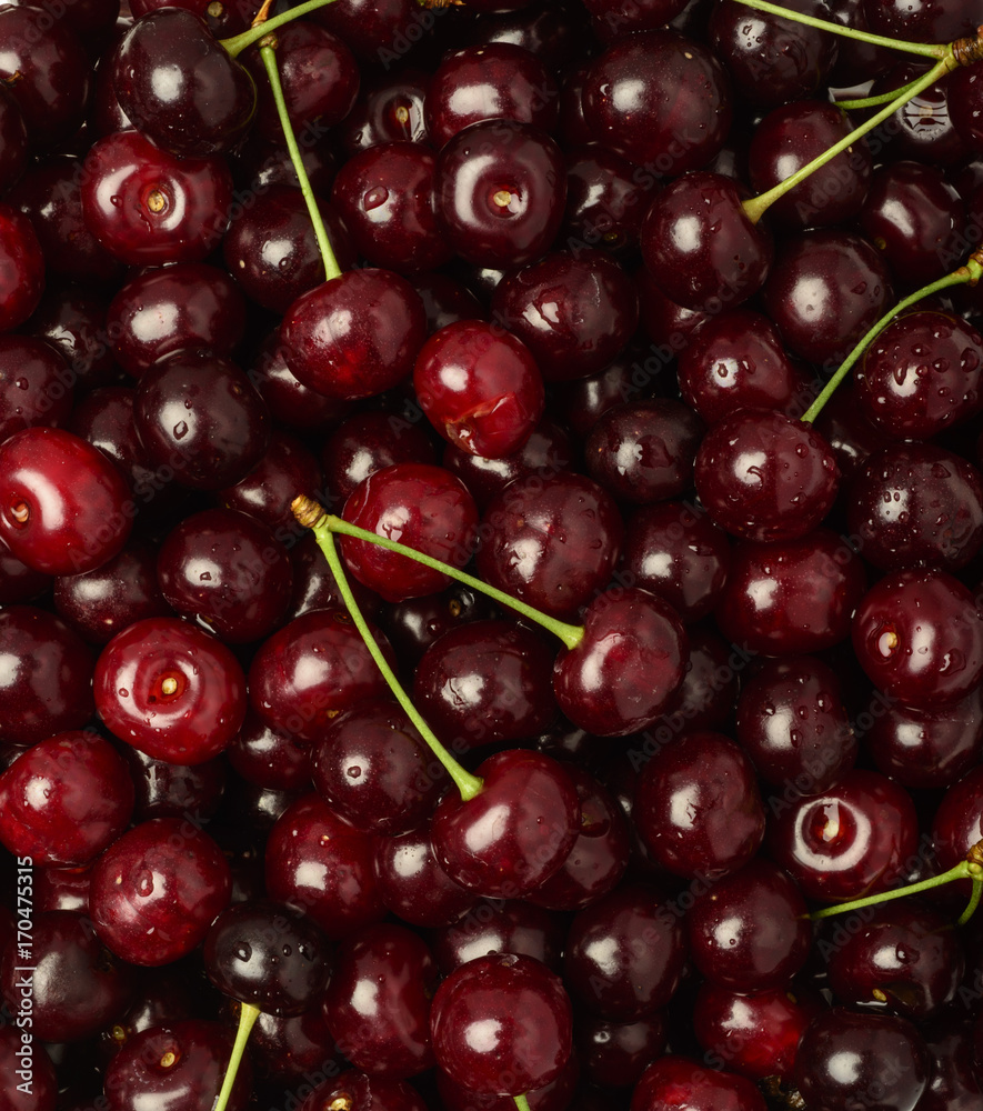 Freshly red cherry berries with water droplets. Healthy food background Freshly red cherry berries with water droplets. Healthy food background