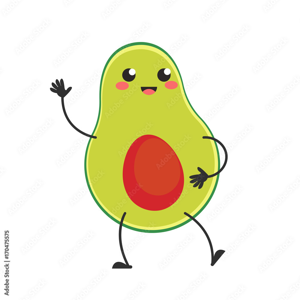 Fototapeta premium A cute avocado character. Dancing and waving. Smile face