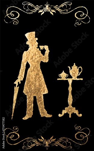 The man in clothes of XIX century with an umbrella and in the cylinder costs at a restaurant little table and holds in a hand a cup of coffee. Gold foil. There is an option in the vector.
