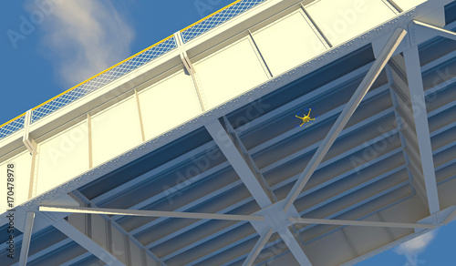 Valokuva 3D render of a UAV drone with top-mounted camera inspecting the underside structure of a steel bridge