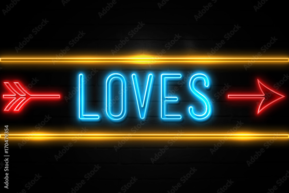 Loves  - fluorescent Neon Sign on brickwall Front view