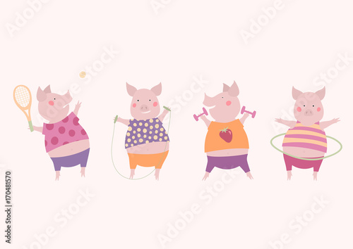 Vector illustration of four cute pigs getting fun with an active lifestyle