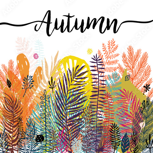 Multicolor trendy tropical autumn background, exotic leaves. Vector botanical...