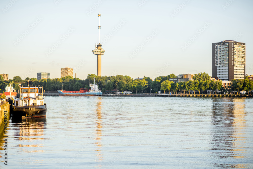 Riverside view with Euromast tower during the morning in Rotterdam city