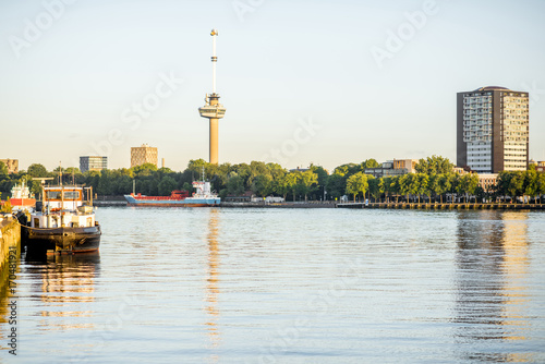 Riverside view with Euromast tower during the morning in Rotterdam city