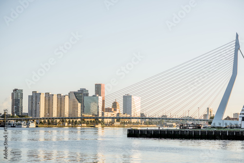 Landscape view on the beautiful riverside with skyscrapers and bridge during the morning in Rotterdam city © rh2010