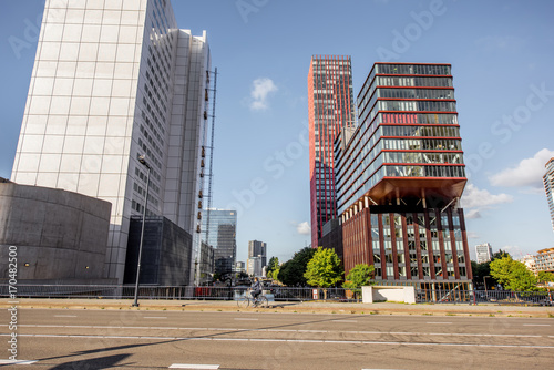 View on the street at the office district during the morning in Rotterdam city