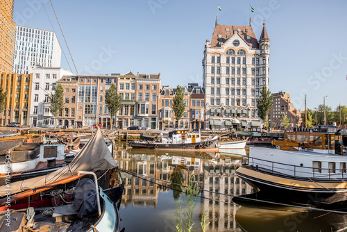 View on the old part of Wijn haven with boats during the morning in Rotterdam