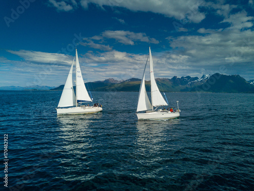 Fototapeta Naklejka Na Ścianę i Meble -  Aerial view of sailing yacht in Norway
