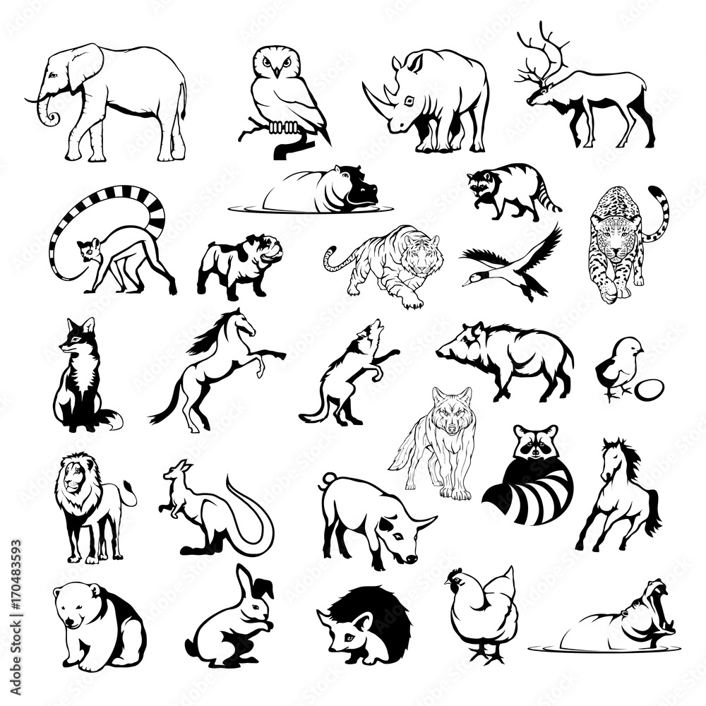 Big animal set including king lion, bengal tiger, howling wolf, faithful  dog, deer, grizzly bear, horse, bulldog, strong elephant, wild boar. Stock  Vector | Adobe Stock