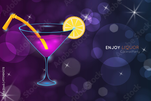 Bright pink cocktail in martini glass with orange slice bokeh