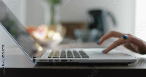 Woman Hands Using Touchpad Typing On Laptop Computer Keyboard Closeup Sitting Table At Home, Chatting, Browsing Internet Online Slow Motion 60