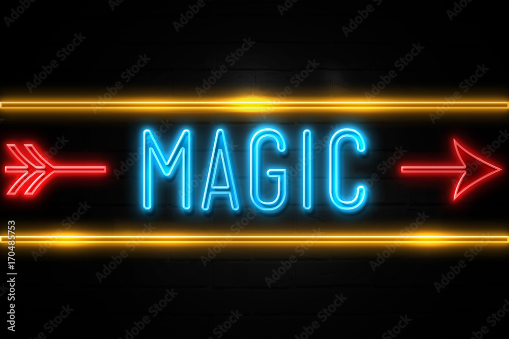 Magic - fluorescent Neon Sign on brickwall Front view Magic - fluorescent Neon Sign on brickwall Front view