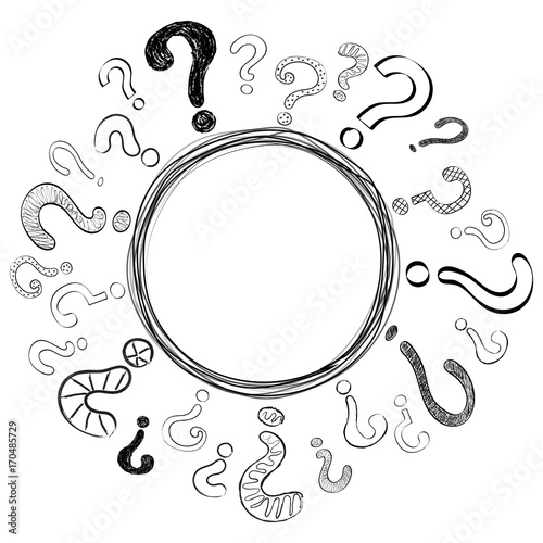 Concept of poster with hand drawn question marks. Vector.
