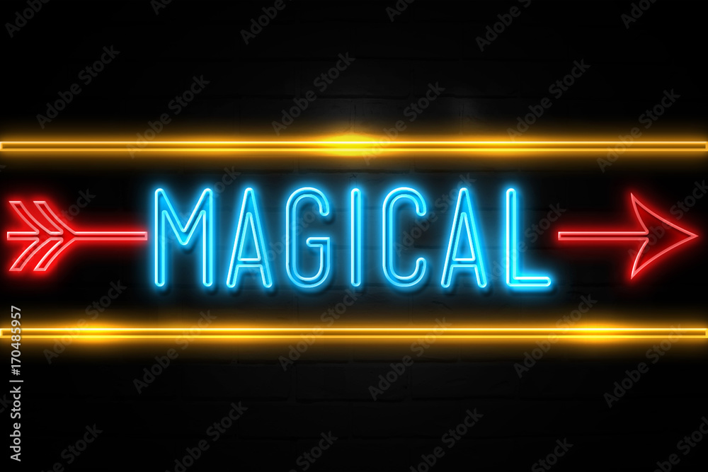 Magical - fluorescent Neon Sign on brickwall Front view Magical - fluorescent Neon Sign on brickwall Front view