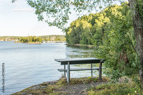 Bänkar och bord på Djurgården med en fin utsikt photo